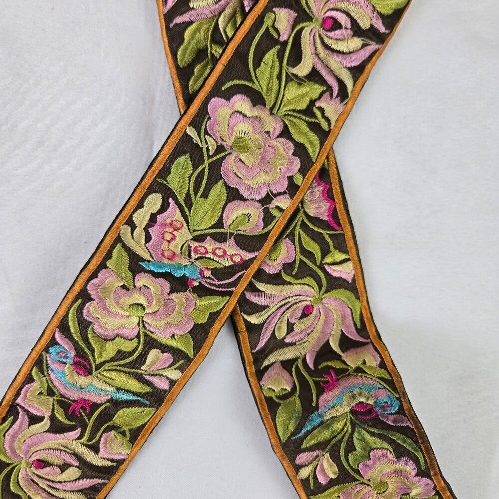 Colorful Floral Butterfly Bird Embroidered Tie Waist Belt Fun Whimsical Boho - Picture 3 of 9